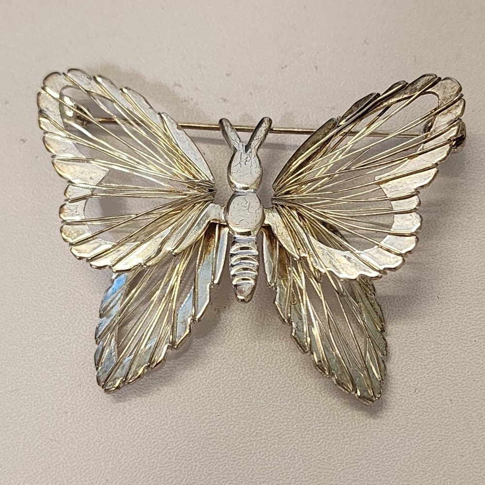 Vintage Silvertone Butterfly Brooch 2” Filigree Wing Insect Pin
